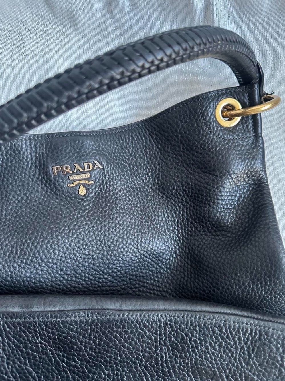 PRADA⭐️Black Pebbled Leather Shoulder Bag with Gold Hardware